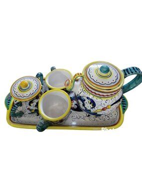 7pc Mario Sambuco Deruta Italy Hand Painted Espresso Set Pot Sugar Cups Tray Vtg